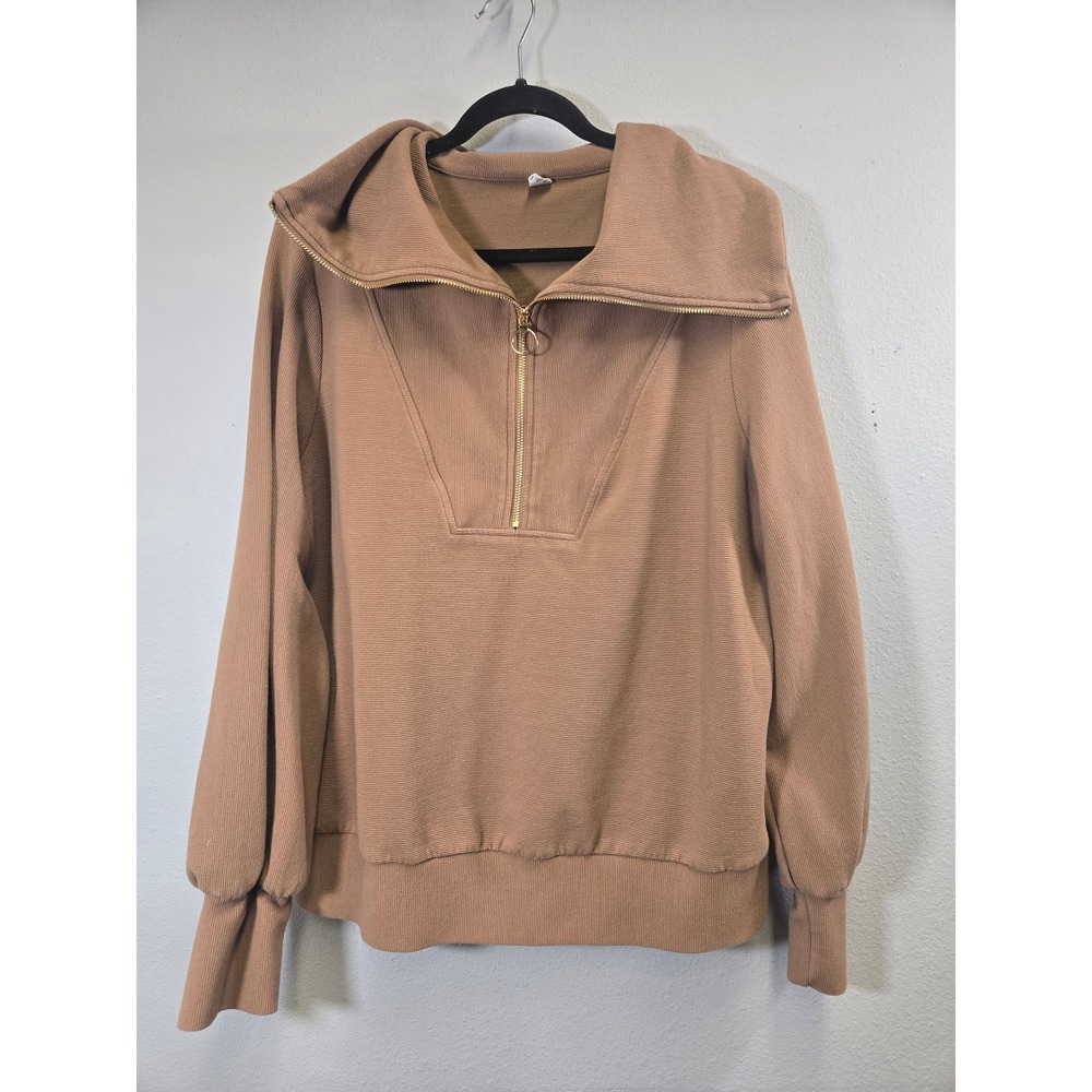ANRABESS Ribbed Half Zip Oversized Lantern Sleeve Pullover Sweatshirt Brown L